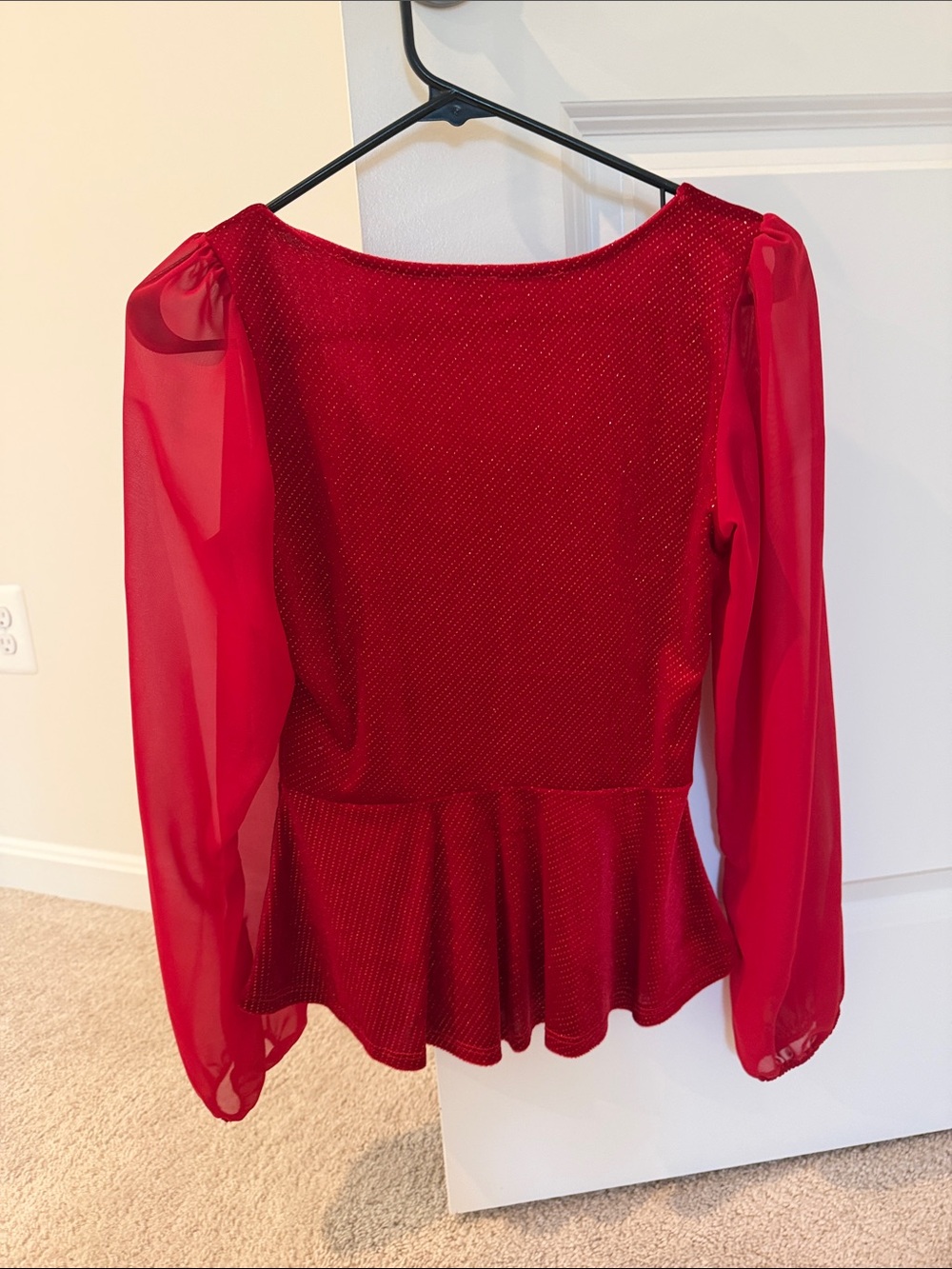 Chocolate Red V-Neck Peplum Blouse with Sheer Sleeves - Picture 4 of 4
